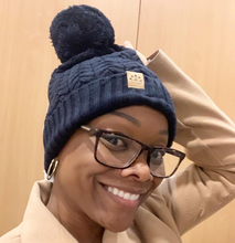 Load image into Gallery viewer, Navy Satin Lined Bobble Hat - Black Sunrise UK Satin Lined Hats,. Satin lined Beanie, Hoodies. For children, adults, babies. For those with curly natural hair, sensitive scalps and fragile curls.