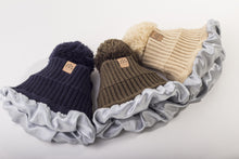 Load image into Gallery viewer, Navy Satin Lined Bobble Hat - Black Sunrise UK Satin Lined Hats,. Satin lined Beanie, Hoodies. For children, adults, babies. For those with curly natural hair, sensitive scalps and fragile curls.