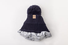 Load image into Gallery viewer, Navy Satin Lined Bobble Hat - Black Sunrise UK Satin Lined Hats,. Satin lined Beanie, Hoodies. For children, adults, babies. For those with curly natural hair, sensitive scalps and fragile curls.