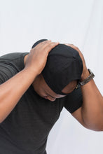 Load image into Gallery viewer, Navy Satin Lined Full Baseball Cap - Black Sunrise UK Satin Lined Hats,. Satin lined Beanie, Hoodies. For children, adults, babies. For those with curly natural hair, sensitive scalps and fragile curls.
