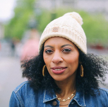 Load image into Gallery viewer, Cream Satin Lined Bobble Hat - Black Sunrise UK Satin Lined Hats,. Satin lined Beanie, Hoodies. For children, adults, babies. For those with curly natural hair, sensitive scalps and fragile curls.