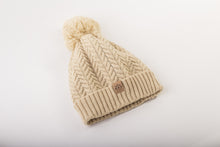 Load image into Gallery viewer, Cream Satin Lined Bobble Hat - Black Sunrise UK Satin Lined Hats,. Satin lined Beanie, Hoodies. For children, adults, babies. For those with curly natural hair, sensitive scalps and fragile curls.