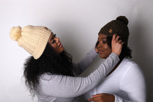 Load image into Gallery viewer, Cream Satin Lined Bobble Hat - Black Sunrise UK Satin Lined Hats,. Satin lined Beanie, Hoodies. For children, adults, babies. For those with curly natural hair, sensitive scalps and fragile curls.