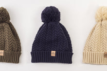Load image into Gallery viewer, Navy Satin Lined Bobble Hat - Black Sunrise UK Satin Lined Hats,. Satin lined Beanie, Hoodies. For children, adults, babies. For those with curly natural hair, sensitive scalps and fragile curls.