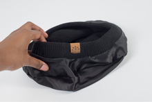 Load image into Gallery viewer, Black Beret Satin Lined - Black Sunrise UK Satin Lined Hats,. Satin lined Beanie, Hoodies. For children, adults, babies. For those with curly natural hair, sensitive scalps and fragile curls.