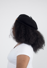 Load image into Gallery viewer, Black Beret Satin Lined - Black Sunrise UK Satin Lined Hats,. Satin lined Beanie, Hoodies. For children, adults, babies. For those with curly natural hair, sensitive scalps and fragile curls.