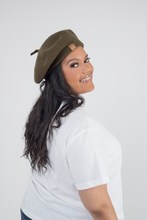 Load image into Gallery viewer, Khaki Beret Satin Lined - Black Sunrise UK Satin Lined Hats,. Satin lined Beanie, Hoodies. For children, adults, babies. For those with curly natural hair, sensitive scalps and fragile curls.
