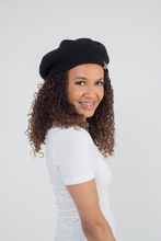 Load image into Gallery viewer, Black Beret Satin Lined - Black Sunrise UK Satin Lined Hats,. Satin lined Beanie, Hoodies. For children, adults, babies. For those with curly natural hair, sensitive scalps and fragile curls.