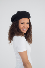 Load image into Gallery viewer, Black Beret Satin Lined - Black Sunrise UK Satin Lined Hats,. Satin lined Beanie, Hoodies. For children, adults, babies. For those with curly natural hair, sensitive scalps and fragile curls.
