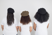 Load image into Gallery viewer, Khaki Beret Satin Lined - Black Sunrise UK Satin Lined Hats,. Satin lined Beanie, Hoodies. For children, adults, babies. For those with curly natural hair, sensitive scalps and fragile curls.
