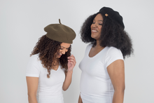 Load image into Gallery viewer, Khaki Beret Satin Lined - Black Sunrise UK Satin Lined Hats,. Satin lined Beanie, Hoodies. For children, adults, babies. For those with curly natural hair, sensitive scalps and fragile curls.
