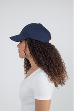 Load image into Gallery viewer, Navy Satin Lined Full Baseball Cap - Black Sunrise UK Satin Lined Hats,. Satin lined Beanie, Hoodies. For children, adults, babies. For those with curly natural hair, sensitive scalps and fragile curls.