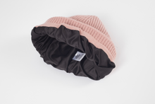 Load image into Gallery viewer, Absolute Dusted Rose Satin Lined Beanie - Black Sunrise UK Satin Lined Hats,. Satin lined Beanie, Hoodies. For children, adults, babies. For those with curly natural hair, sensitive scalps and fragile curls.