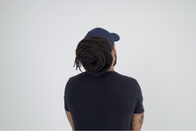 Load image into Gallery viewer, Navy Satin Lined Full Baseball Cap - Black Sunrise UK Satin Lined Hats,. Satin lined Beanie, Hoodies. For children, adults, babies. For those with curly natural hair, sensitive scalps and fragile curls.