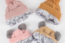 Load image into Gallery viewer, Adult Sized Tan and Grey Pom Pom Satin Lined Beanie - Black Sunrise UK Satin Lined Hats,. Satin lined Beanie, Hoodies. For children, adults, babies. For those with curly natural hair, sensitive scalps and fragile curls.
