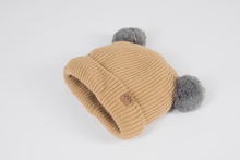 Load image into Gallery viewer, Tan and Grey Pom Pom - Child 1-3 Years Satin Lined Beanie - Black Sunrise UK Satin Lined Hats,. Satin lined Beanie, Hoodies. For children, adults, babies. For those with curly natural hair, sensitive scalps and fragile curls.