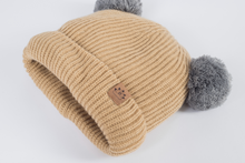 Load image into Gallery viewer, Adult Sized Tan and Grey Pom Pom Satin Lined Beanie - Black Sunrise UK Satin Lined Hats,. Satin lined Beanie, Hoodies. For children, adults, babies. For those with curly natural hair, sensitive scalps and fragile curls.