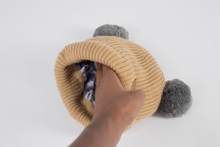 Load image into Gallery viewer, Tan and Grey Pom Pom - Child 1-3 Years Satin Lined Beanie - Black Sunrise UK Satin Lined Hats,. Satin lined Beanie, Hoodies. For children, adults, babies. For those with curly natural hair, sensitive scalps and fragile curls.
