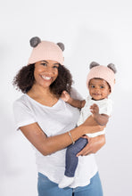 Load image into Gallery viewer, Adult Sized Pink Pom Pom Satin Lined Beanie - Black Sunrise UK Satin Lined Hats,. Satin lined Beanie, Hoodies. For children, adults, babies. For those with curly natural hair, sensitive scalps and fragile curls.