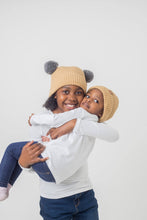 Load image into Gallery viewer, Adult Sized Tan and Grey Pom Pom Satin Lined Beanie - Black Sunrise UK Satin Lined Hats,. Satin lined Beanie, Hoodies. For children, adults, babies. For those with curly natural hair, sensitive scalps and fragile curls.