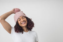 Load image into Gallery viewer, Dusted Rose Satin Lined Bobble Hat - Black Sunrise UK Satin Lined Hats,. Satin lined Beanie, Hoodies. For children, adults, babies. For those with curly natural hair, sensitive scalps and fragile curls.