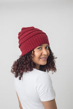 Load image into Gallery viewer, Red Satin Lined Slouch Beanie - Black Sunrise UK Satin Lined Hats,. Satin lined Beanie, Hoodies. For children, adults, babies. For those with curly natural hair, sensitive scalps and fragile curls.
