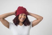 Load image into Gallery viewer, Red Satin Lined Slouch Beanie - Black Sunrise UK Satin Lined Hats,. Satin lined Beanie, Hoodies. For children, adults, babies. For those with curly natural hair, sensitive scalps and fragile curls.