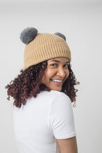 Load image into Gallery viewer, Adult Sized Tan and Grey Pom Pom Satin Lined Beanie - Black Sunrise UK Satin Lined Hats,. Satin lined Beanie, Hoodies. For children, adults, babies. For those with curly natural hair, sensitive scalps and fragile curls.