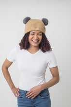 Load image into Gallery viewer, Adult Sized Tan and Grey Pom Pom Satin Lined Beanie - Black Sunrise UK Satin Lined Hats,. Satin lined Beanie, Hoodies. For children, adults, babies. For those with curly natural hair, sensitive scalps and fragile curls.