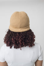 Load image into Gallery viewer, Tan Satin Lined Beanie - Black Sunrise UK Satin Lined Hats,. Satin lined Beanie, Hoodies. For children, adults, babies. For those with curly natural hair, sensitive scalps and fragile curls.