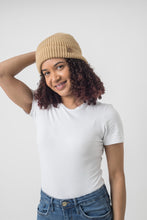 Load image into Gallery viewer, Tan Satin Lined Beanie - Black Sunrise UK Satin Lined Hats,. Satin lined Beanie, Hoodies. For children, adults, babies. For those with curly natural hair, sensitive scalps and fragile curls.