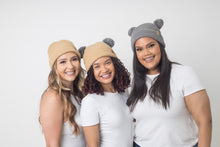 Load image into Gallery viewer, Adult Sized Tan and Grey Pom Pom Satin Lined Beanie - Black Sunrise UK Satin Lined Hats,. Satin lined Beanie, Hoodies. For children, adults, babies. For those with curly natural hair, sensitive scalps and fragile curls.