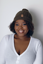 Load image into Gallery viewer, Olive Satin Lined Bobble Hat - Black Sunrise UK Satin Lined Hats,. Satin lined Beanie, Hoodies. For children, adults, babies. For those with curly natural hair, sensitive scalps and fragile curls.