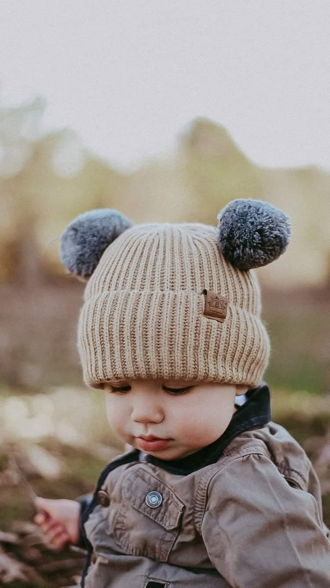 Tan and Grey Pom Pom Child 1-3 Years Satin Lined Beanie