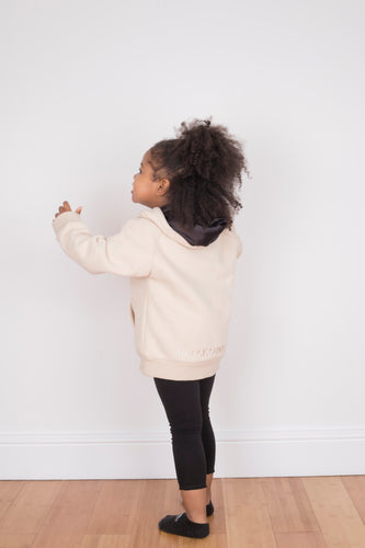 Children's Satin Lined Hoodie in Cream - Black Sunrise UK Satin Lined Hats,. Satin lined Beanie, Hoodies. For children, adults, babies. For those with curly natural hair, sensitive scalps and fragile curls.