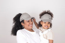 Load image into Gallery viewer, Mummy and Me Grey Half-Full Caps - Black Sunrise UK Satin Lined Hats,. Satin lined Beanie, Hoodies. For children, adults, babies. For those with curly natural hair, sensitive scalps and fragile curls.