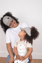 Load image into Gallery viewer, Mummy and Me Grey Half-Full Caps - Black Sunrise UK Satin Lined Hats,. Satin lined Beanie, Hoodies. For children, adults, babies. For those with curly natural hair, sensitive scalps and fragile curls.