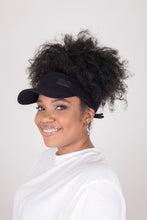 Load image into Gallery viewer, Midnight Black Tie-Now Visor - Black Sunrise UK Satin Lined Hats,. Satin lined Beanie, Hoodies. For children, adults, babies. For those with curly natural hair, sensitive scalps and fragile curls.