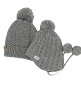 Load image into Gallery viewer, Mummy and Me Grey Bobble Hats - Black Sunrise UK Satin Lined Hats,. Satin lined Beanie, Hoodies. For children, adults, babies. For those with curly natural hair, sensitive scalps and fragile curls.