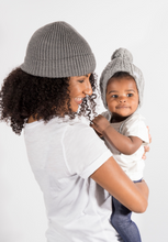 Load image into Gallery viewer, Mummy and Me Grey Bobble Hats - Black Sunrise UK Satin Lined Hats,. Satin lined Beanie, Hoodies. For children, adults, babies. For those with curly natural hair, sensitive scalps and fragile curls.
