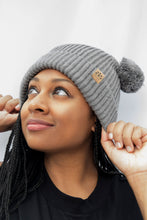 Load image into Gallery viewer, Adult Sized Tan and Grey Pom Pom Satin Lined Beanie - Black Sunrise UK Satin Lined Hats,. Satin lined Beanie, Hoodies. For children, adults, babies. For those with curly natural hair, sensitive scalps and fragile curls.