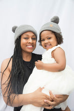 Load image into Gallery viewer, Adult Sized Tan and Grey Pom Pom Satin Lined Beanie - Black Sunrise UK Satin Lined Hats,. Satin lined Beanie, Hoodies. For children, adults, babies. For those with curly natural hair, sensitive scalps and fragile curls.