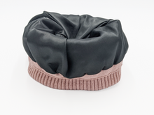 Load image into Gallery viewer, Absolute Dusted Rose Satin Lined Beanie - Black Sunrise UK Satin Lined Hats,. Satin lined Beanie, Hoodies. For children, adults, babies. For those with curly natural hair, sensitive scalps and fragile curls.