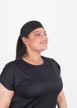 Load image into Gallery viewer, Gym and Edge Protect Headband - Black Sunrise UK Satin Lined Hats,. Satin lined Beanie, Hoodies. For children, adults, babies. For those with curly natural hair, sensitive scalps and fragile curls.