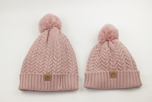 Load image into Gallery viewer, Dusted Rose Satin Lined Bobble Hat - Black Sunrise UK Satin Lined Hats,. Satin lined Beanie, Hoodies. For children, adults, babies. For those with curly natural hair, sensitive scalps and fragile curls.