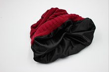 Load image into Gallery viewer, Red Satin Lined Slouch Beanie - Black Sunrise UK Satin Lined Hats,. Satin lined Beanie, Hoodies. For children, adults, babies. For those with curly natural hair, sensitive scalps and fragile curls.