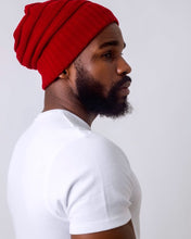 Load image into Gallery viewer, Red Satin Lined Slouch Beanie - Black Sunrise UK Satin Lined Hats,. Satin lined Beanie, Hoodies. For children, adults, babies. For those with curly natural hair, sensitive scalps and fragile curls.