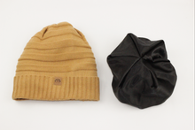 Load image into Gallery viewer, Sand Satin Lined Slouch Beanie - Black Sunrise UK Satin Lined Hats,. Satin lined Beanie, Hoodies. For children, adults, babies. For those with curly natural hair, sensitive scalps and fragile curls.