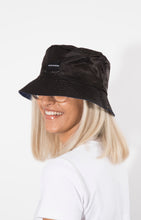 Load image into Gallery viewer, Reversible Black and Navy Satin Lined Bucket Hat
