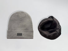 Load image into Gallery viewer, gray Satin Lined beanie with black label on a white background
